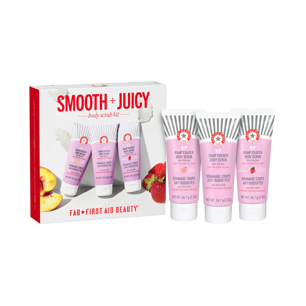 KP scrub, AHA body scrub, strawberry body exfoliant, peach body scrub, keratosis pilaris, body care set, vegan scrub, no synthetic fragrance, First Aid Beauty