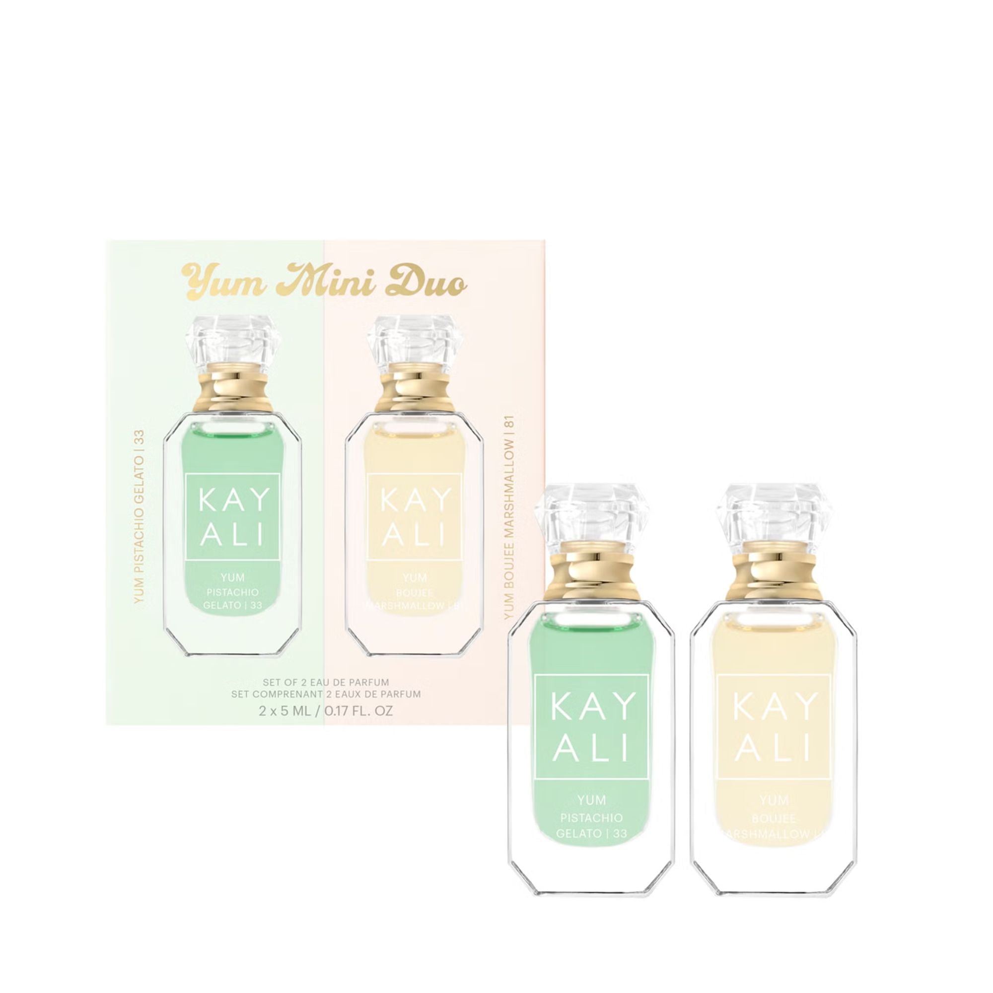 kayali maroc, mini parfum gourmand, coffret kayali mini, parfum vanille, parfum guimauve, pistache parfum, boujee marshmallow, parfum layering, eau de parfum femme, parfum sucré, cadeau parfum, gourmand perfume, kayali yum set, kayali pistachio maroc