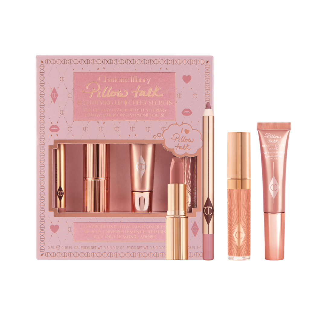 Charlotte Tilbury Pillow Talk Beautifying Lip and Cheek Secrets, Charlotte Tilbury Pillow Talk gift set, Pillow Talk makeup set, Charlotte Tilbury gift set, Pillow Talk lipstick, Pillow Talk Original, Matte Revolution Pillow Talk, Lip Cheat Pillow Talk, Beauty Light Wand Pillow Talk, Collagen Lip Bath, lip and cheek makeup set, rosy nude makeup, Charlotte Tilbury Morocco • With shipping to Morocco via BeautizShop