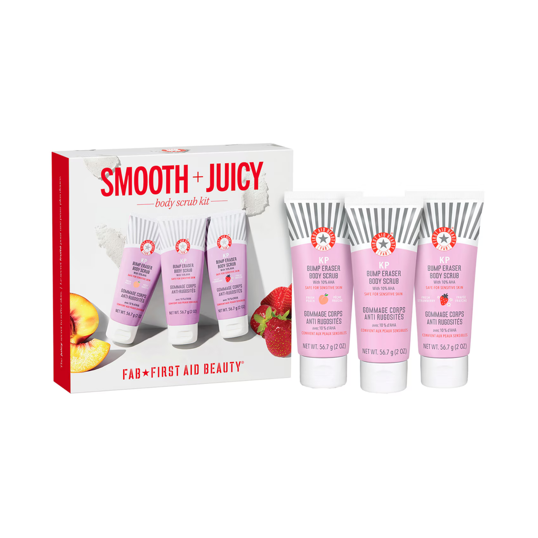 KP scrub, AHA body scrub, strawberry body exfoliant, peach body scrub, keratosis pilaris, body care set, vegan scrub, no synthetic fragrance, First Aid Beauty