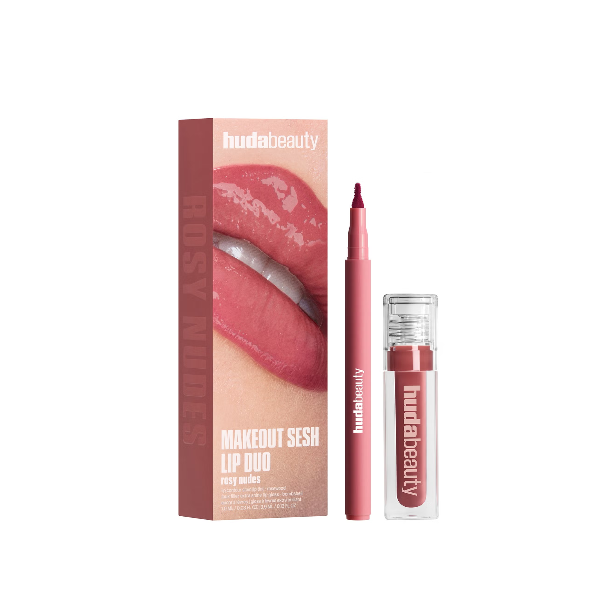 huda beauty lip kit, long-wear lip stain, plumping gloss, rosewood lip, bombshell gloss, mini lip duo, kiss-proof makeup, nude lip set, lip gloss kit huda beauty morocco livraison maroc beautizshop lip stain lip gloss maquillage maroc 