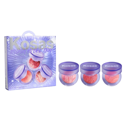 Kosas blush trio, baked blush, glowy powder blush, hydrating blush, blush for all skin tones, mauve blush, pink blush, burgundy blush, travel blush, Kosas Morocco