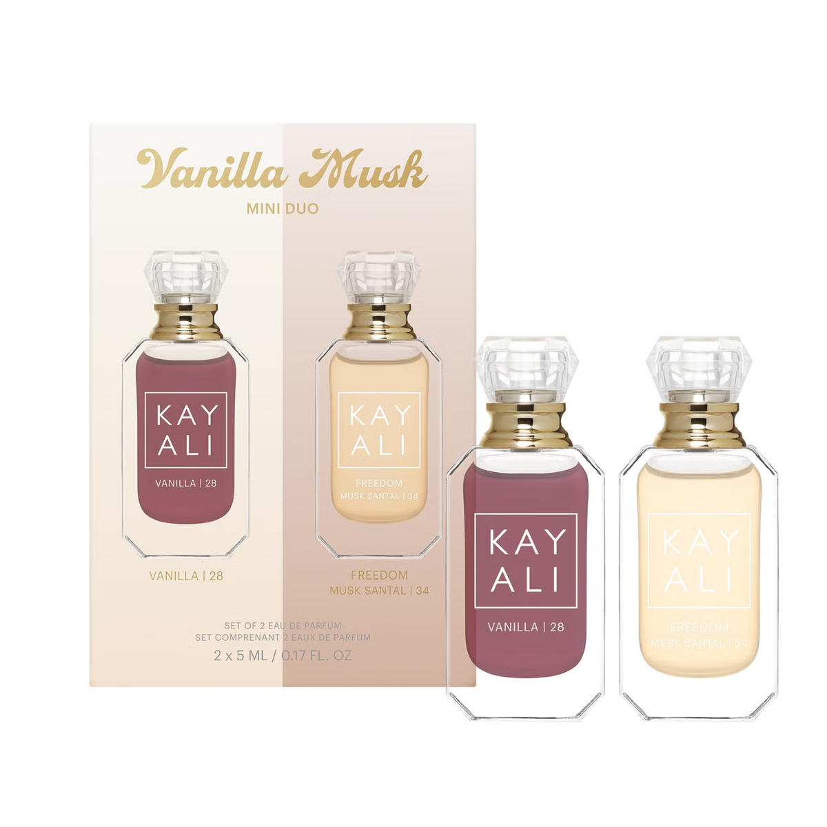 Kayali perfume duo, Vanilla 28 fragrance, musk santal perfume, gourmand vanilla perfume, travel size perfume set, layered fragrance