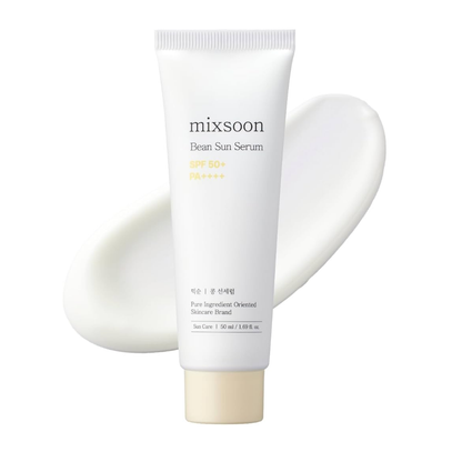 Mixsoon Bean Sun Serum bottle displayed on white background, showing its lightweight formula.