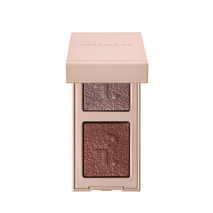Patrick Ta eyeshadow duo, shimmer eyeshadow, luminous eye makeup, compact eyeshadow palette, high impact shimmer, travel eyeshadow Patrick ta Maroc
