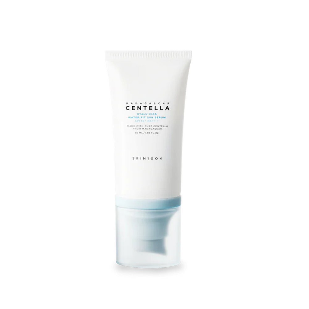 Blue and white pump bottle of SKIN1004 Madagascar Centella Hyalu Cica Water Fit Sun Serum SPF50+ 50ml.
