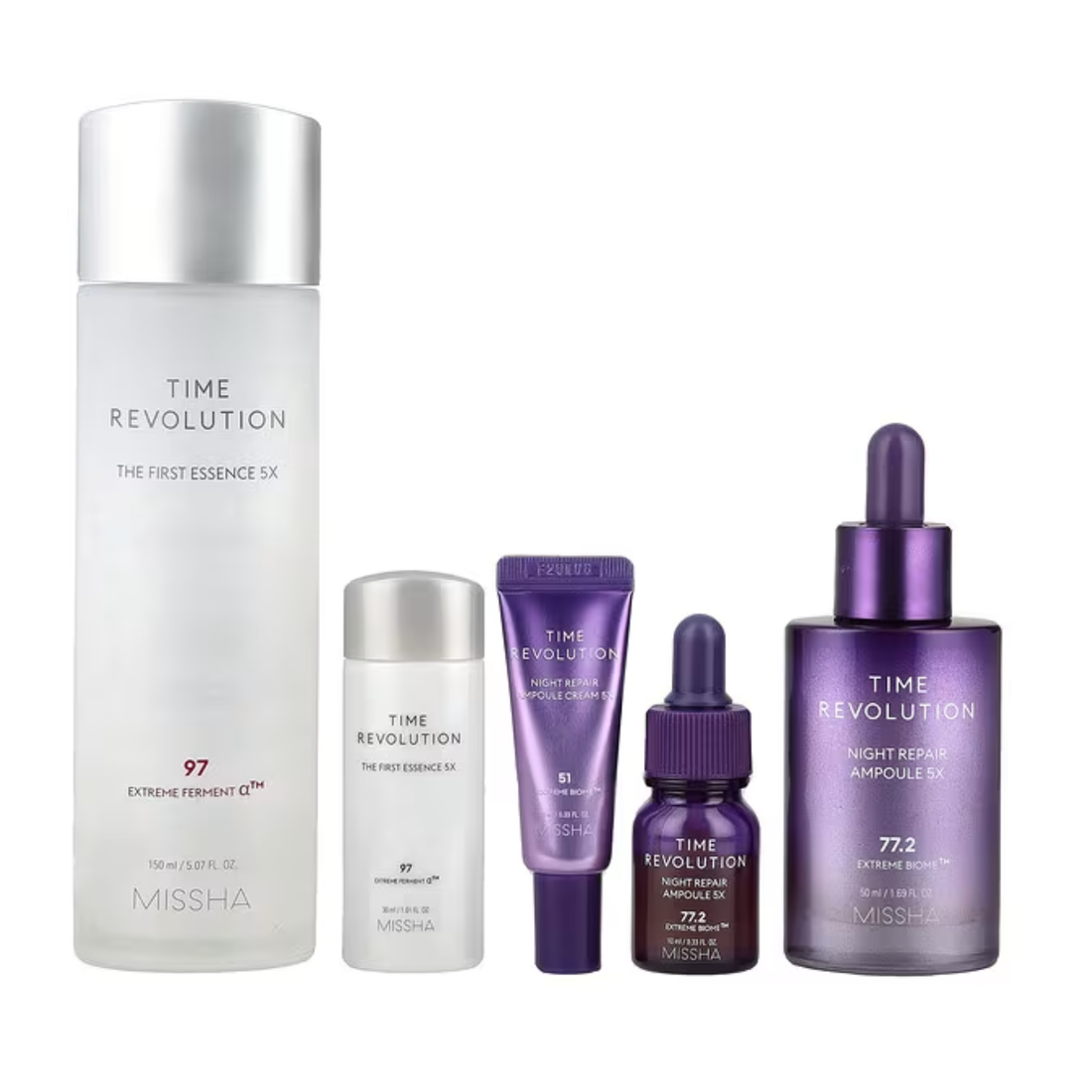 MISSHA Time Revolution set, Korean skincare routine, fermented essence skincare, anti aging skincare set, K-beauty hydration routine, probiotic skincare set Kbeauty Maroc , Beauté coréenne maroc 
